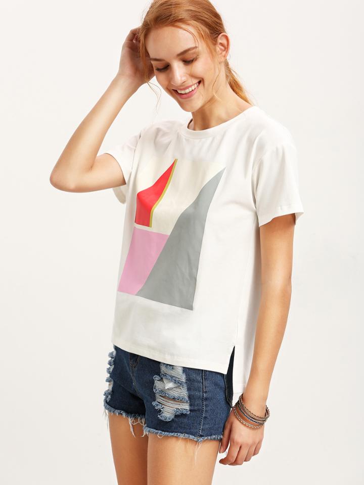 Romwe White Short Sleeve Split Print T-shirt