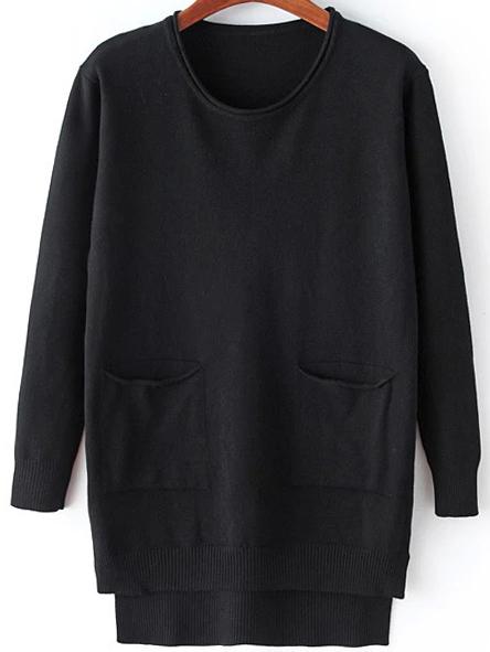 Romwe Dip Hem Split Side Black Jersey Knitwear With Pockets