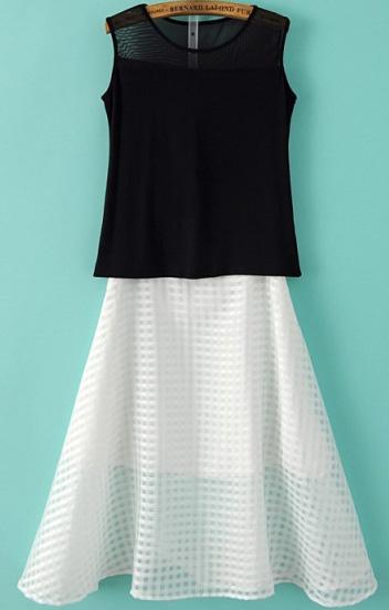 Romwe Round Neck Black Vest With A-line Skirt