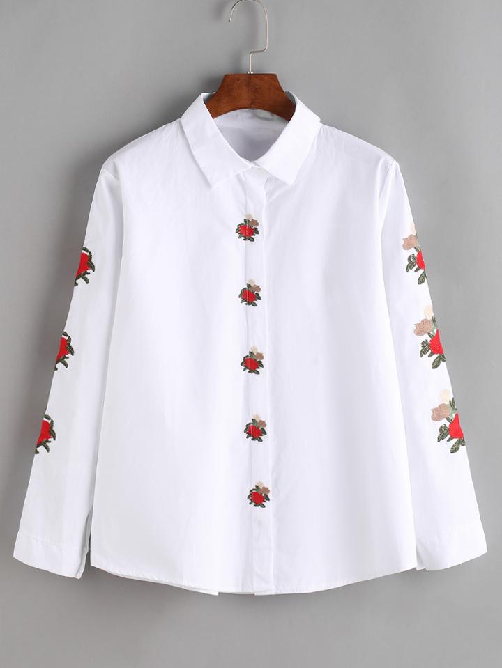 Romwe White Flower Embroidered Shirt