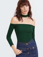 Romwe Green Choker Neck Tight T-shirt