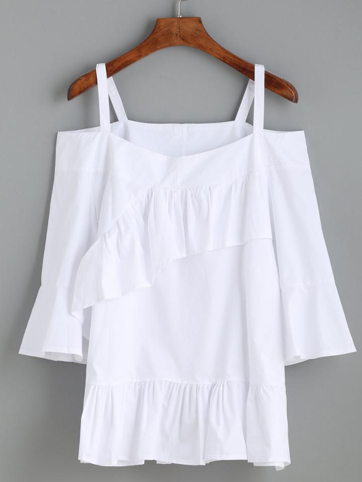 Romwe White Cold Shoulder Ruffle Blouse