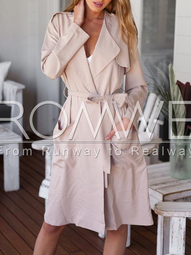 Romwe Khaki Long Sleeve Pockets Trench Coat