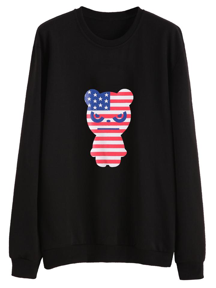 Romwe Black Cartoon American Flag Print Sweatshirt