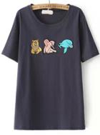 Romwe Dolphins Elephants Embroidered Navy T-shirt