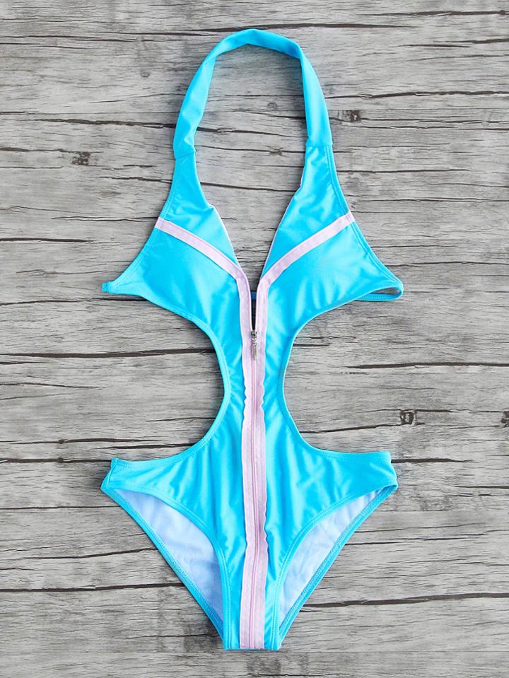 Romwe Turquoise Zipper Up Halter Monokini