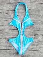 Romwe Turquoise Zipper Up Halter Monokini