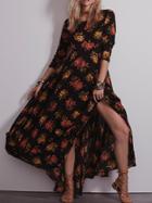 Romwe Long Sleeve Slit Flower Print Maxi Black Dress