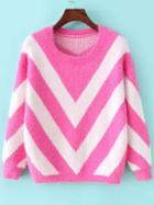Romwe Long Sleeve Chevron Print Pink Sweater