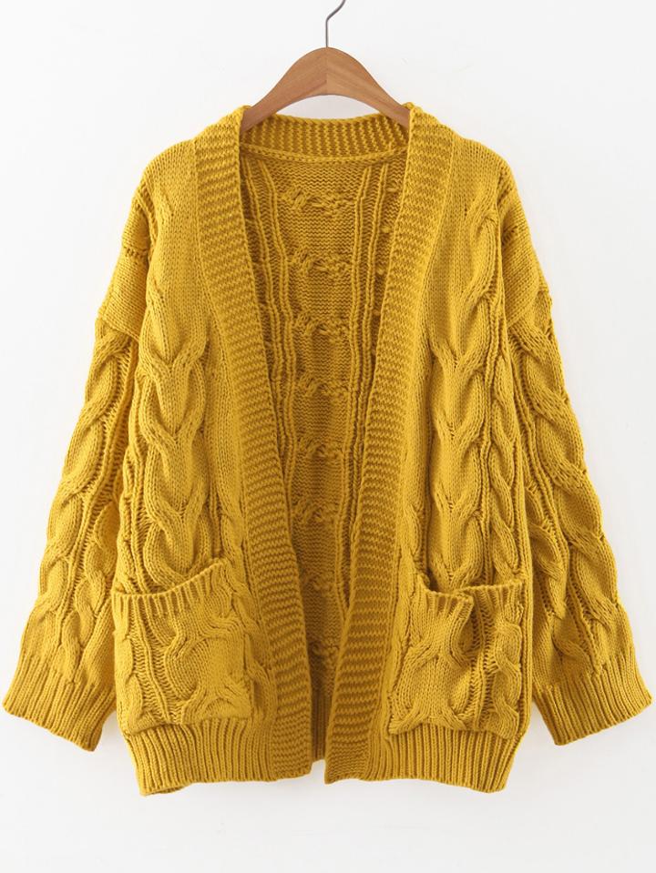 Romwe Yellow Cable Knit Front Pocket Cardigan
