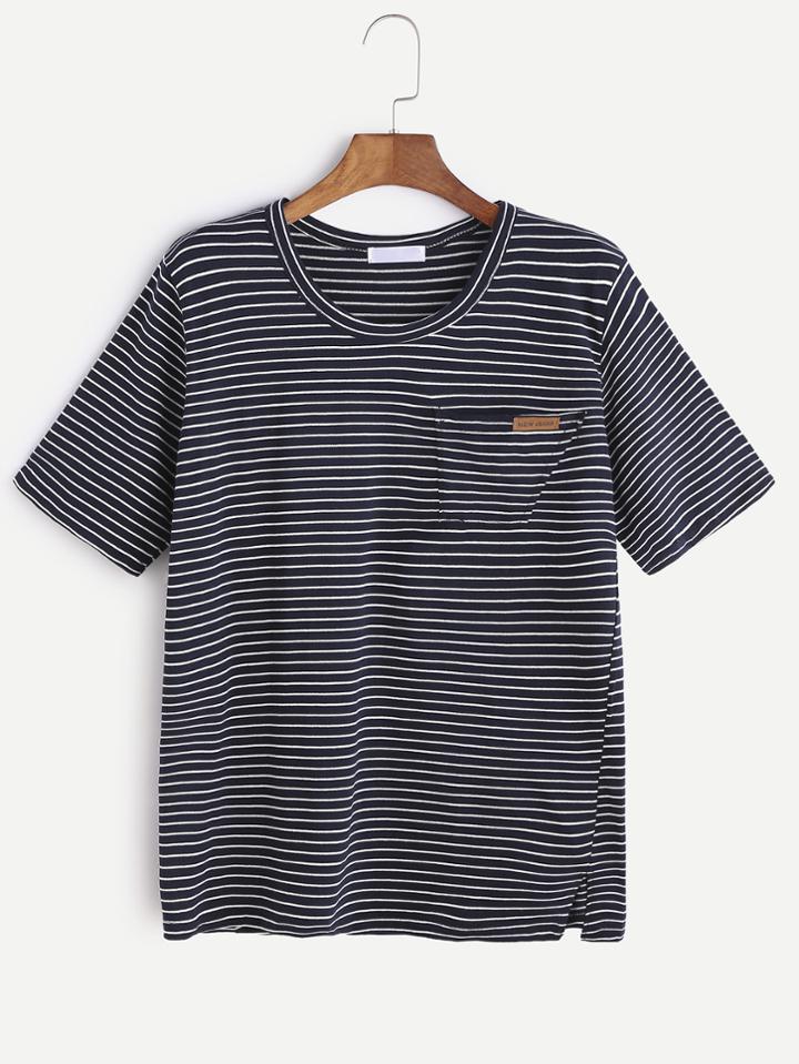 Romwe Navy Striped Slit Hem Pocket T-shirt