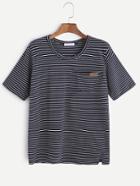 Romwe Navy Striped Slit Hem Pocket T-shirt