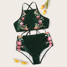 Romwe Floral Criss Cross Top With High Waist Bikini