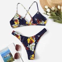 Romwe Random Crisscross Top With High Leg Bikini Set