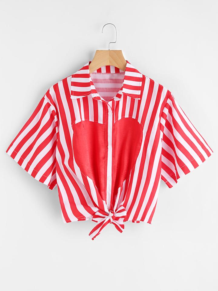Romwe Heart Print Striped Knot Front Shirt