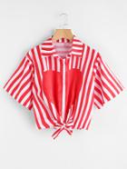 Romwe Heart Print Striped Knot Front Shirt