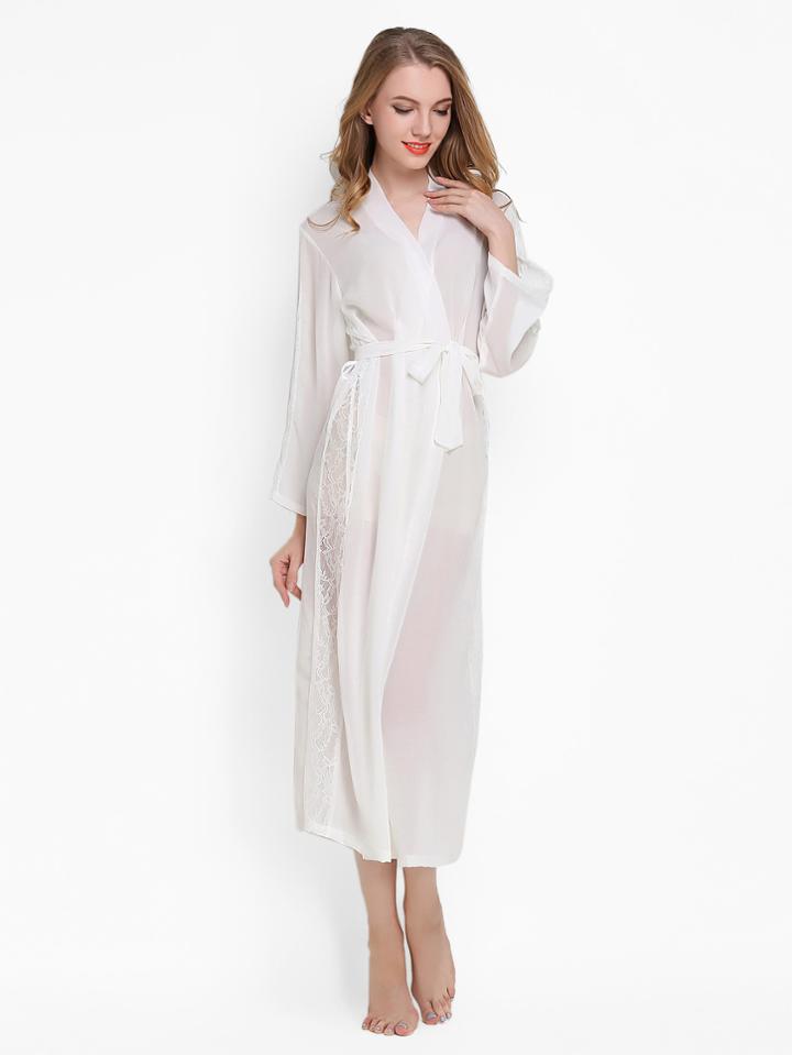 Romwe Lace Panel Self Tie Sheer Longline Robe