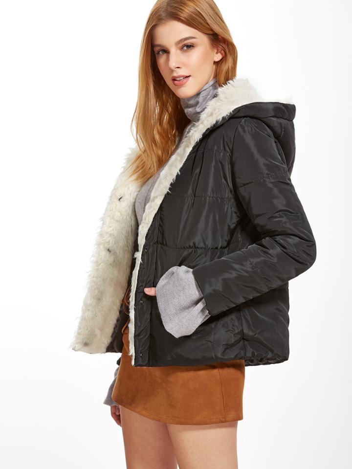 Romwe Black Faux Fur Lining Quilted Padded Coat