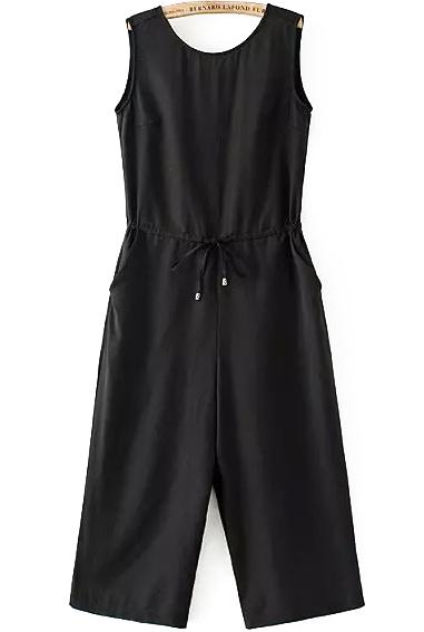 Romwe Sleeveless Drawstring Wide Leg Black Jumpsuit