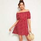 Romwe Polka Dot Off The Shoulder Drawstring Dress