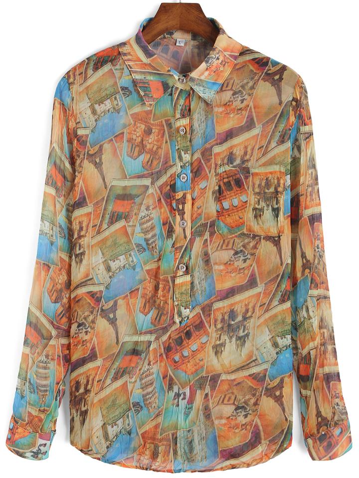 Romwe Lapel Building Print Buttons Blouse