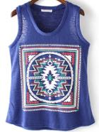Romwe Tribal Embroidered Blue Tank Top