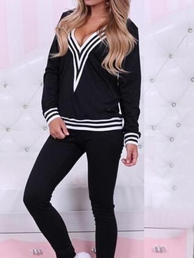 Romwe Deep V Neck Striped Top With Elastic Waist Pant
