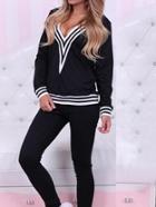 Romwe Deep V Neck Striped Top With Elastic Waist Pant