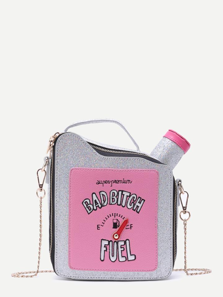 Romwe Silver Fuel Tank Shaped Zip Closure Chain Bag