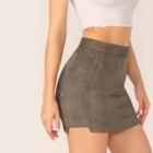 Romwe Wide Waistband Asymmetrical Hem Suede Skirt