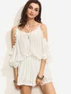 Romwe White Ruffled Cold Shoulder Crinkle Romper