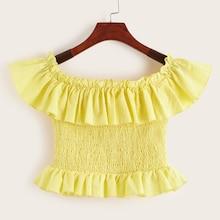 Romwe Ruffle Trim Shirred Crop Blouse