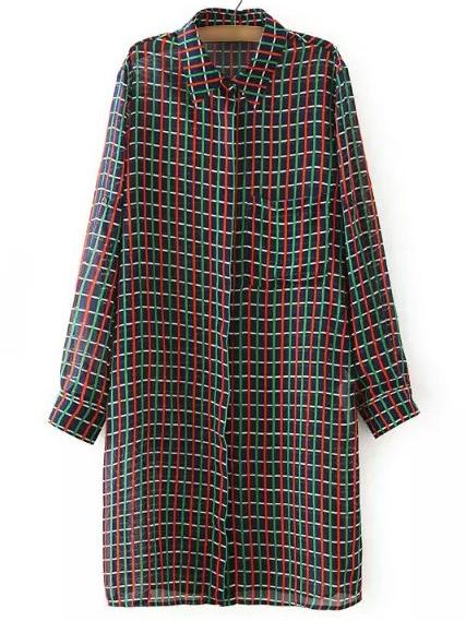 Romwe Dark Blue Buttons Front Pocket Plaids Shirt Dress