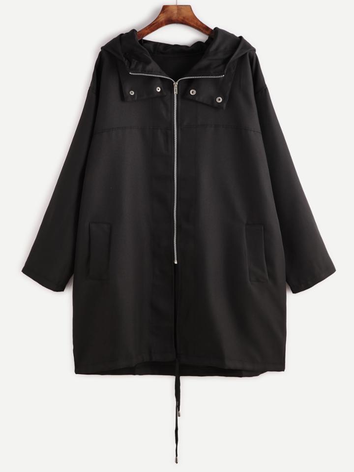 Romwe Black Zip Up Drawstring Hem Hooded Trench Coat