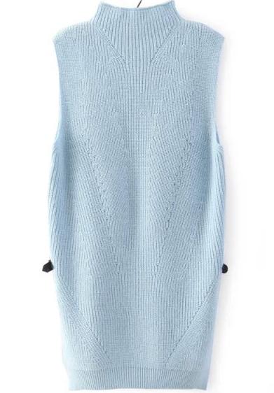 Romwe High Neck Sleeveless Split Blue Sweater