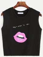 Romwe Black Lips Print Tank Top