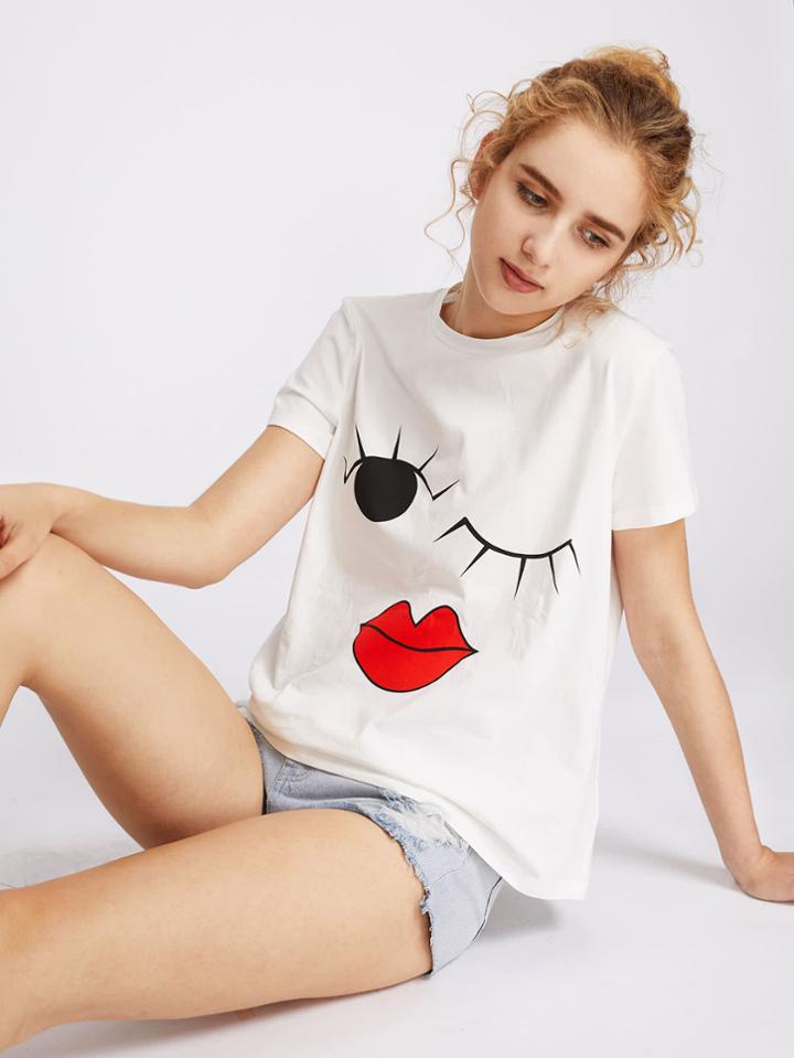 Romwe Wink Emotion Print T-shirt