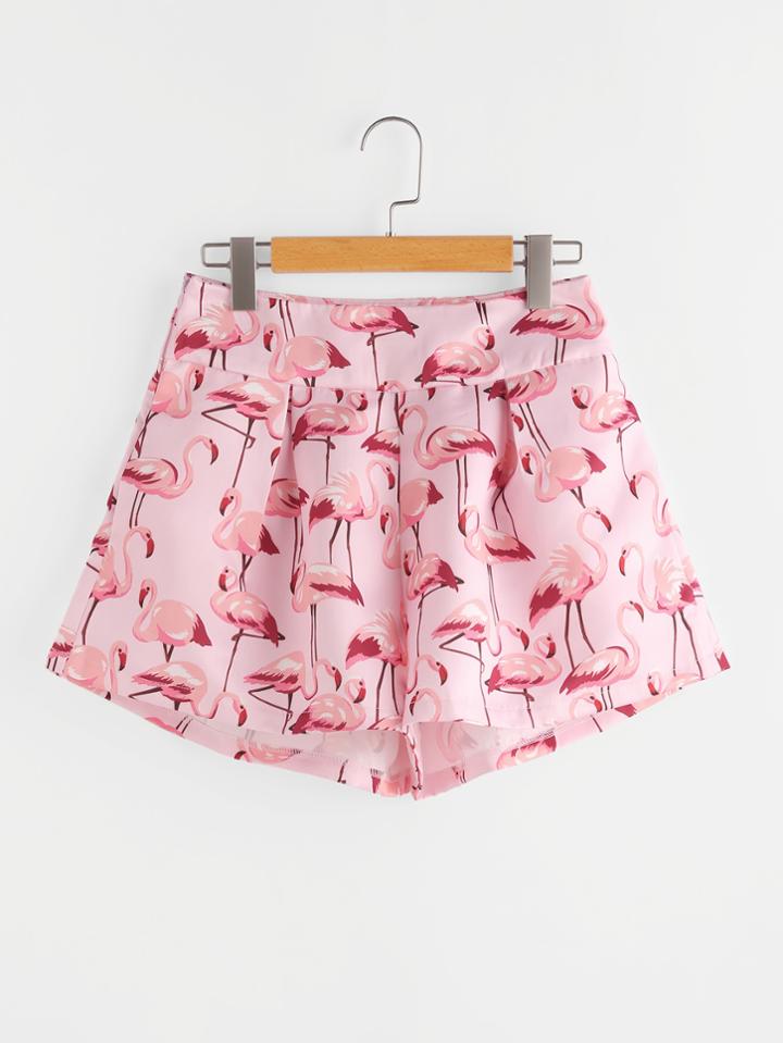 Romwe Flamingo Print Zipper Side Shorts