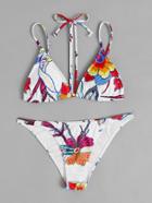Romwe Flower Print Halter Strap Triangle Bikini Set