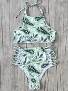 Romwe Green Leaf Print Ladder Cutout High Waist Bikini Set
