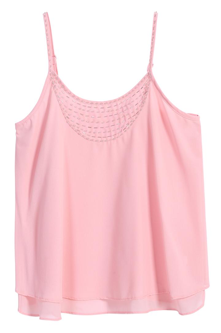 Romwe Spaghetti Strap Bead Chiffon Pink Vest
