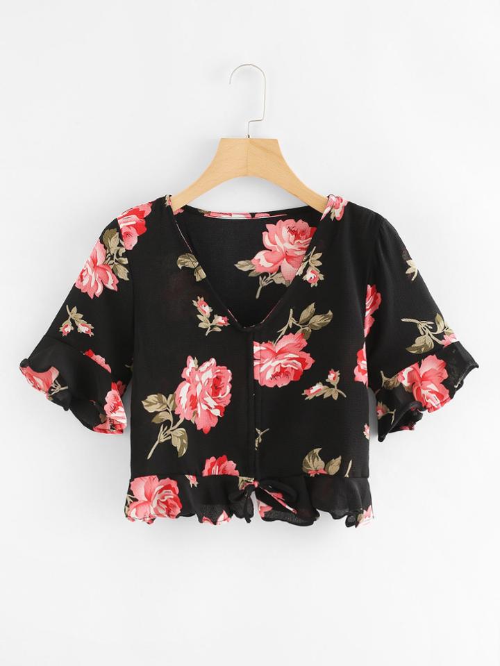 Romwe Floral Print Pleated Hem Crop Blouse