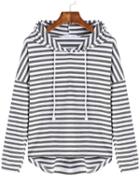 Romwe Grey White Hooded Long Sleeve Striped Sweatshirt