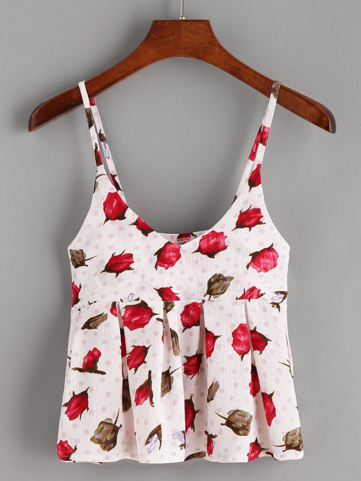 Romwe Floral Print Ruffle Hem V Neck Cami Top