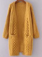 Romwe Yellow Collarless Cable Knit Pocket Sweater Coat