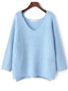Romwe V Neck Dip Hem Pale Blue Sweater