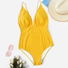 Romwe Plus Ruched Low Back One Piece Swimsuit
