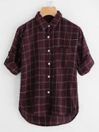 Romwe Roll Tab Sleeve Dip Hem Tartan Shirt