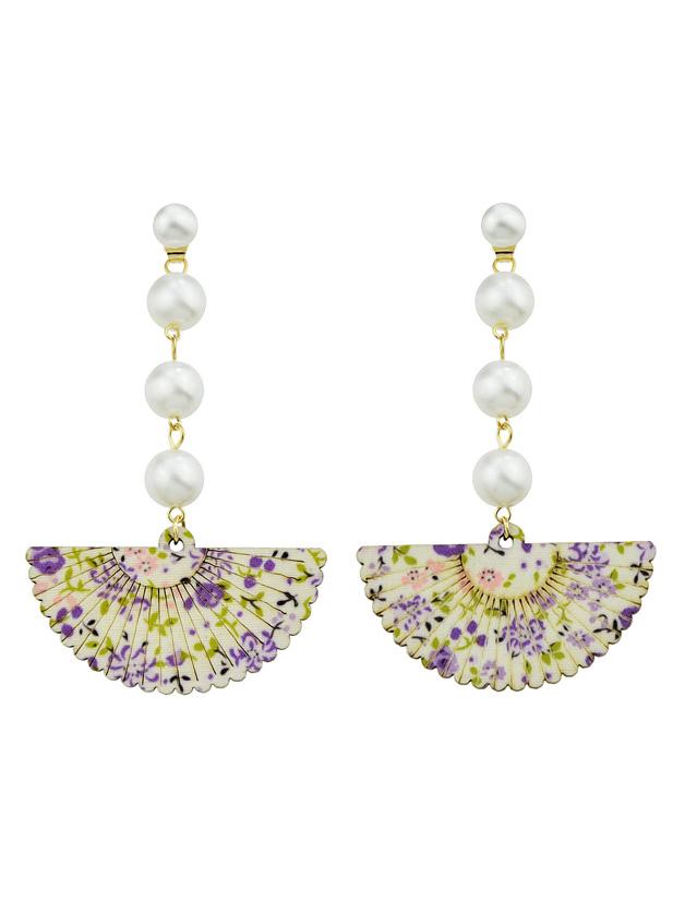 Romwe Purple Pearl Hanging Pattern Wood Sector Drop Earrings
