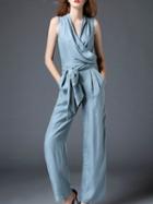 Romwe Blue V Neck Tie-waist Pockets Jumpsuit